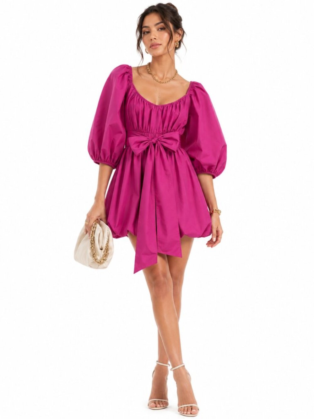 Cinq à Sept Puff Sleeve Mini Dress Hot Pink Bow Waist Luxe Women 12 NWOT